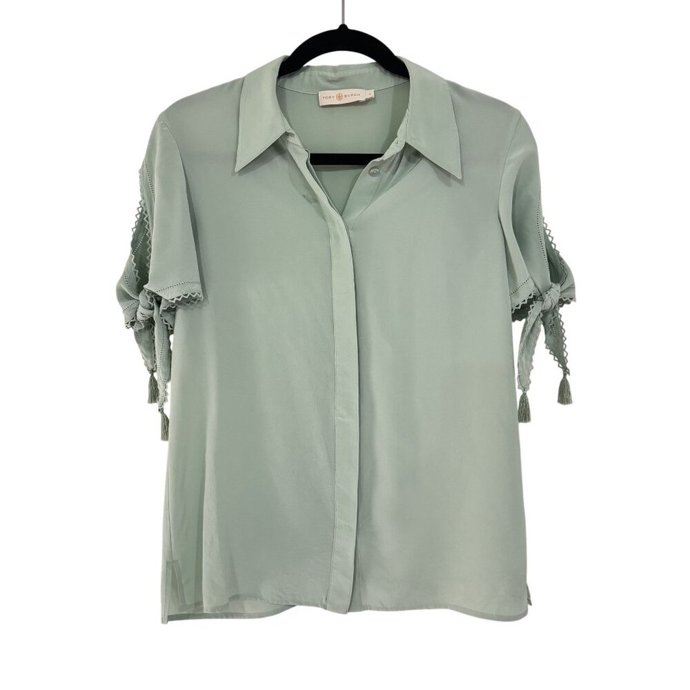 Tory Burch Silk Blouse Mint Green Tassel Sleeve Button Front Size 4